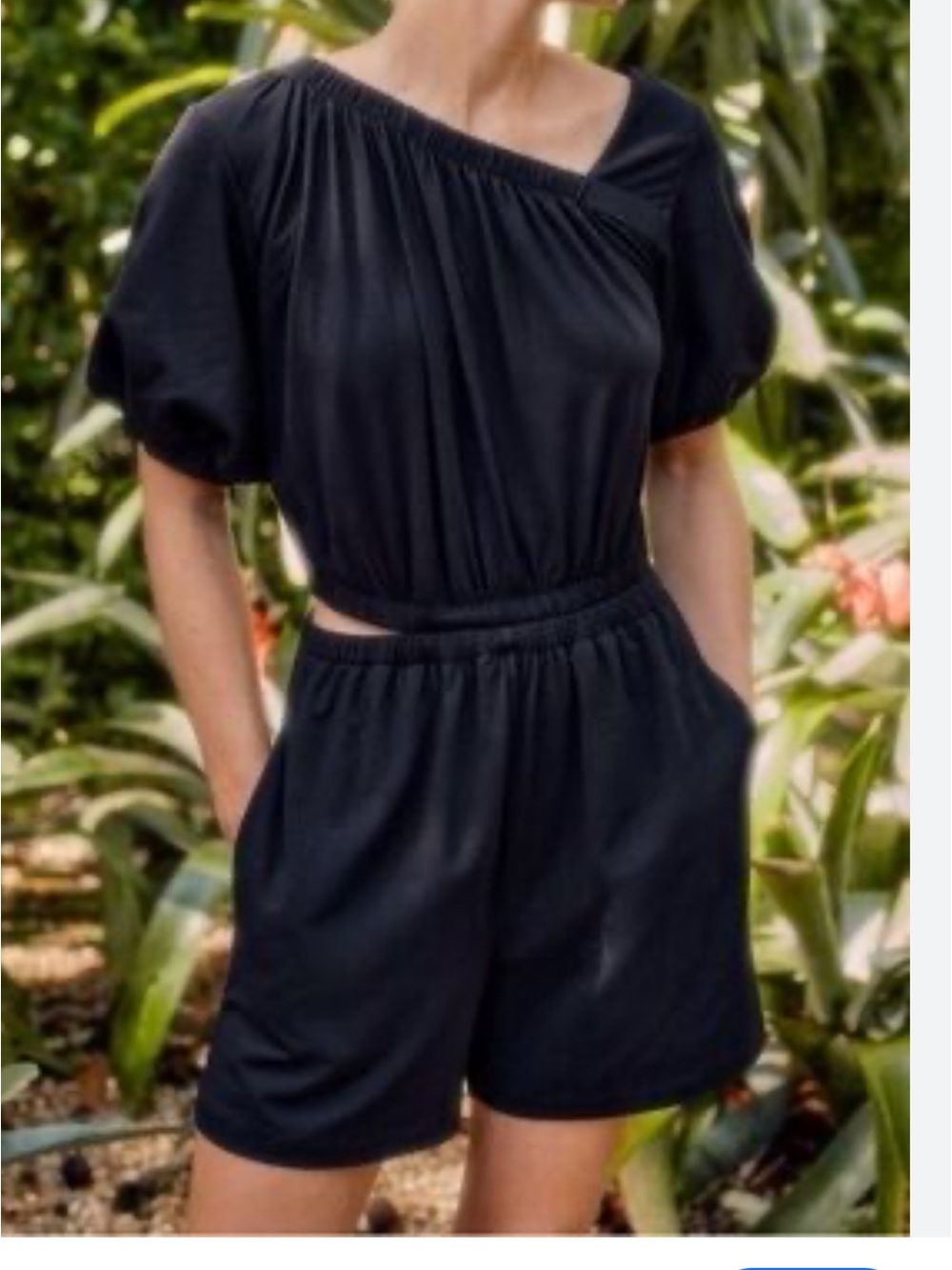 Cuyana Romper Black Gathered Front Outfit organic Pima cotton cutout